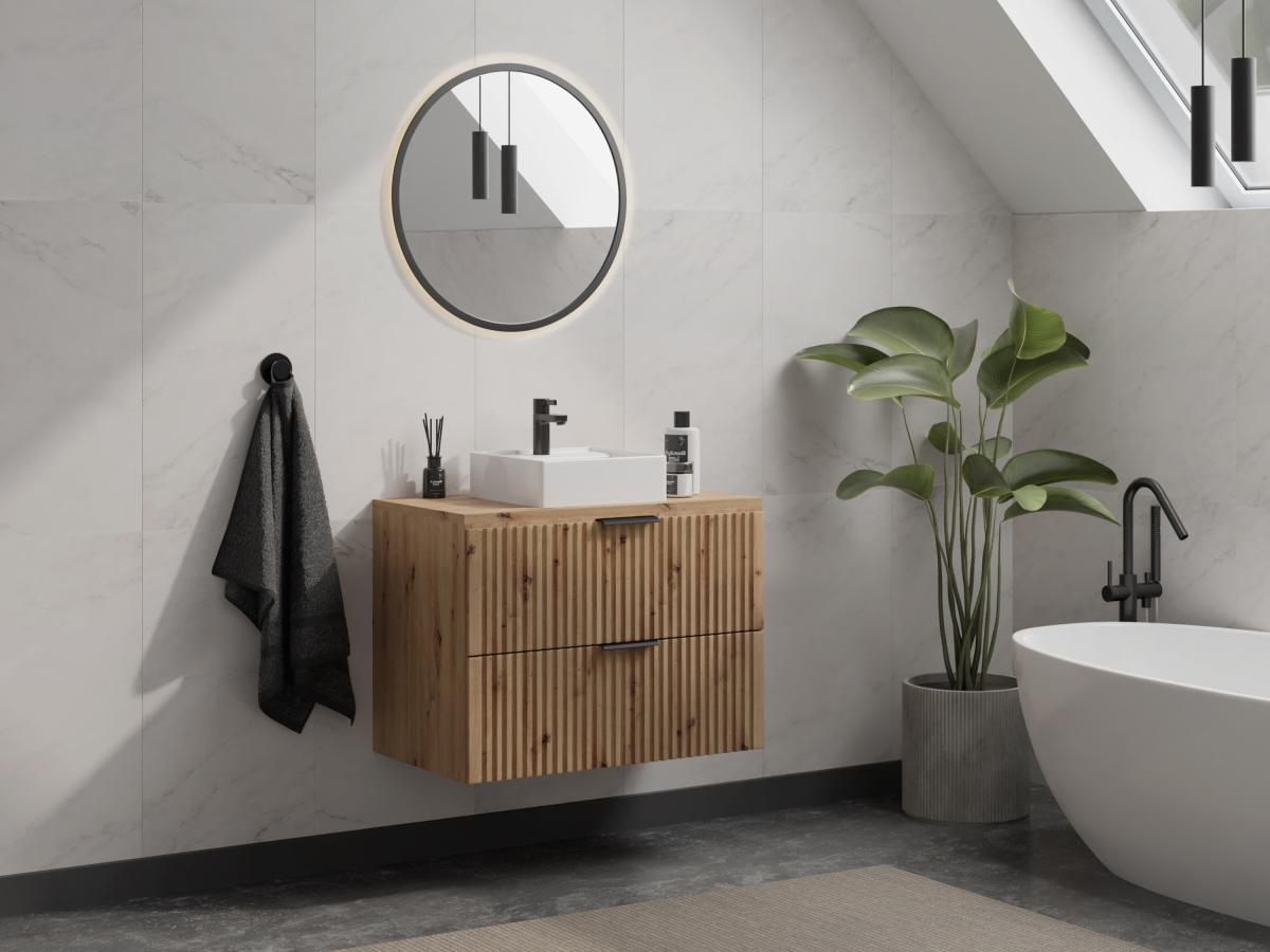 Vente-unique Mobile sotto lavabo sospeso scanalato con piano di appoggio L80 cm Naturale chiaro - ZEVARA  