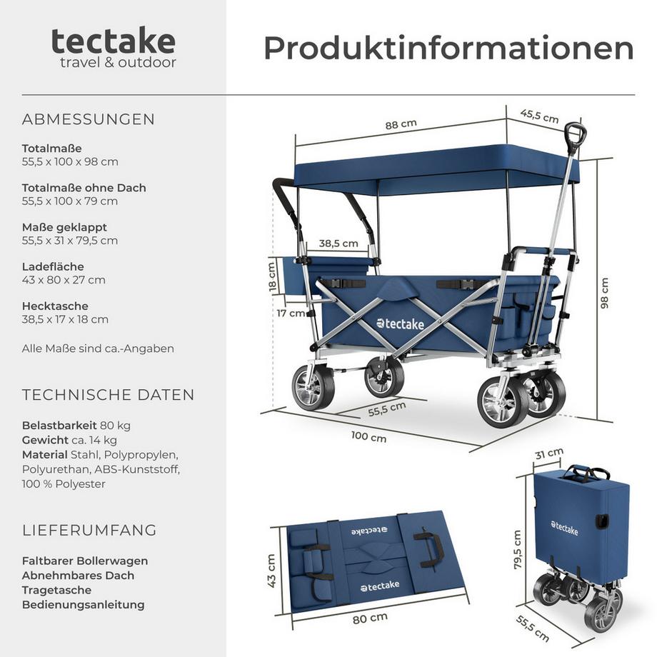 Tectake  Bollerwagen Nico faltbar, mit Dach mit Kunststoffrädern 