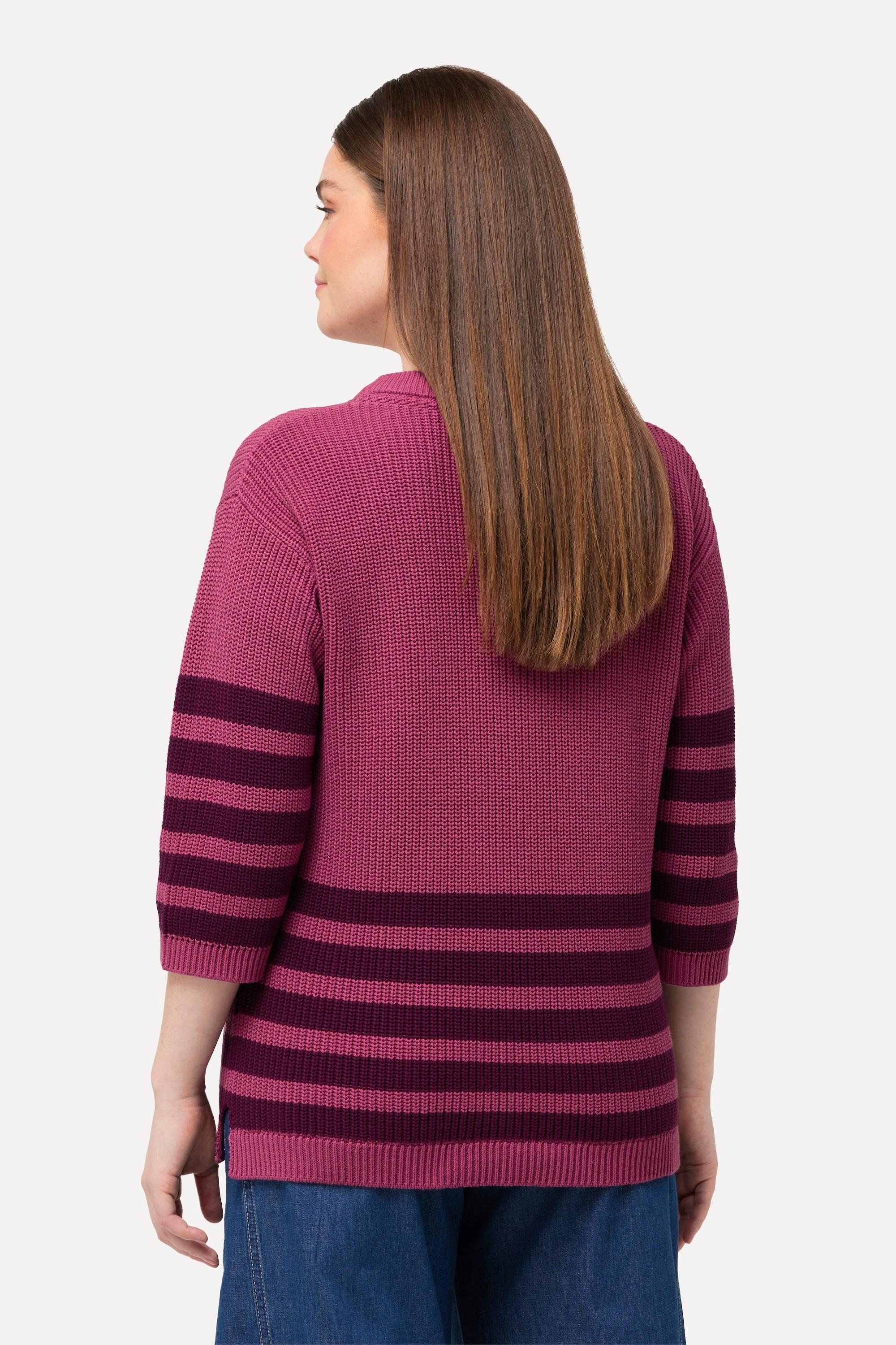 Ulla Popken  Pullover, Streifen, Boxy, Rundhals, 3/4-Arm, Biobaumwolle 