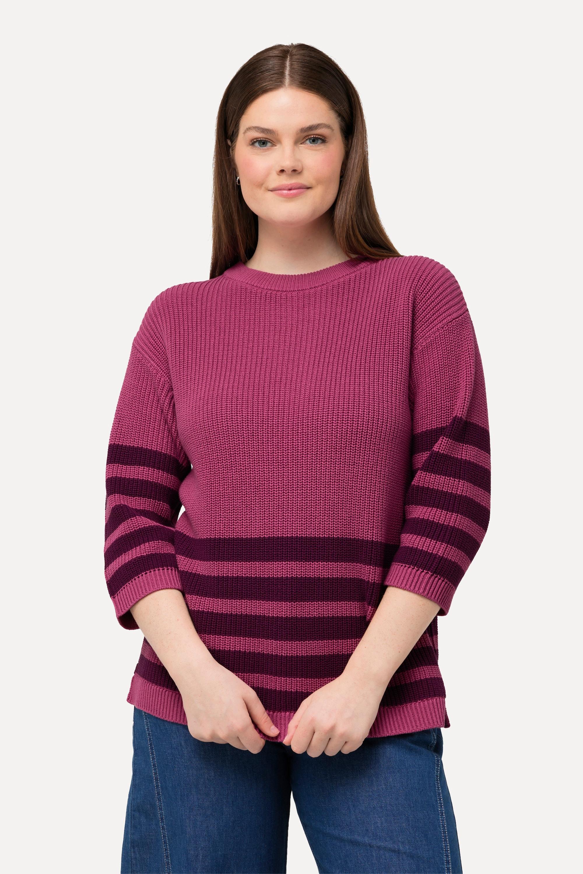 Ulla Popken  Pullover, Streifen, Boxy, Rundhals, 3/4-Arm, Biobaumwolle 