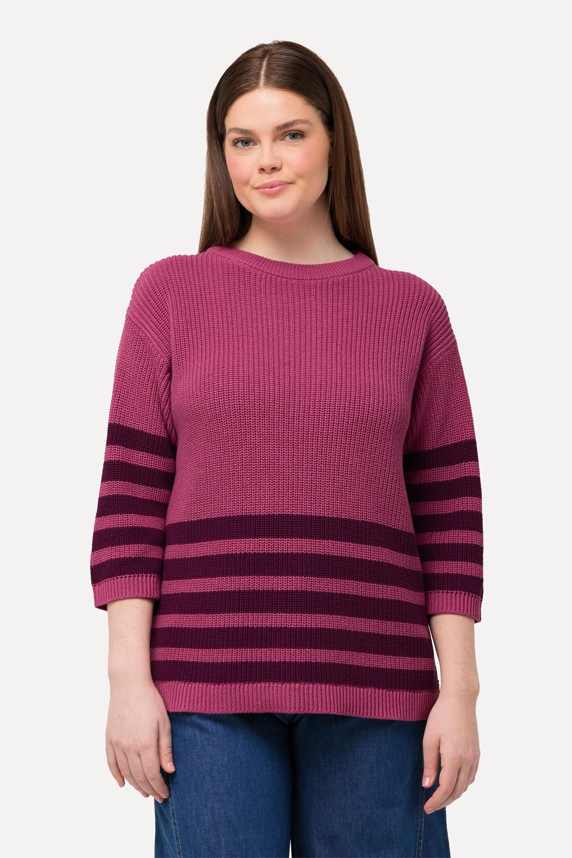 Ulla Popken  Pullover, Streifen, Boxy, Rundhals, 3/4-Arm, Biobaumwolle 