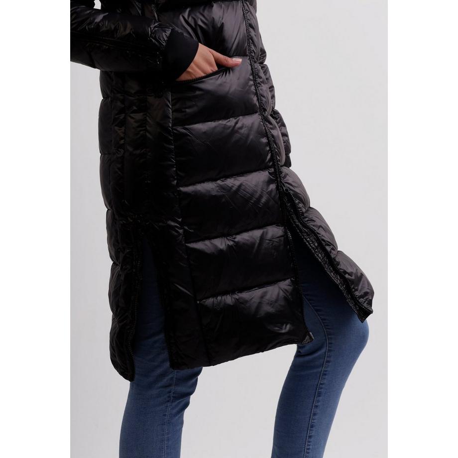 CASH-MERE.CH Piumino Lungo con Cappuccio e Fodera in Cashmere Effetto Lucido  