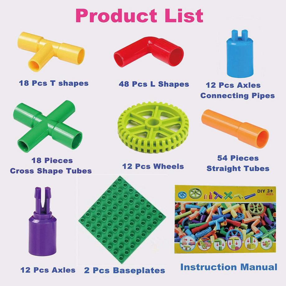 Activity-board  Jouets en tube, 188 pièces Blocs de construction classiques Blocs de construction à assembler avec roues et plaque de base pour enfants 
