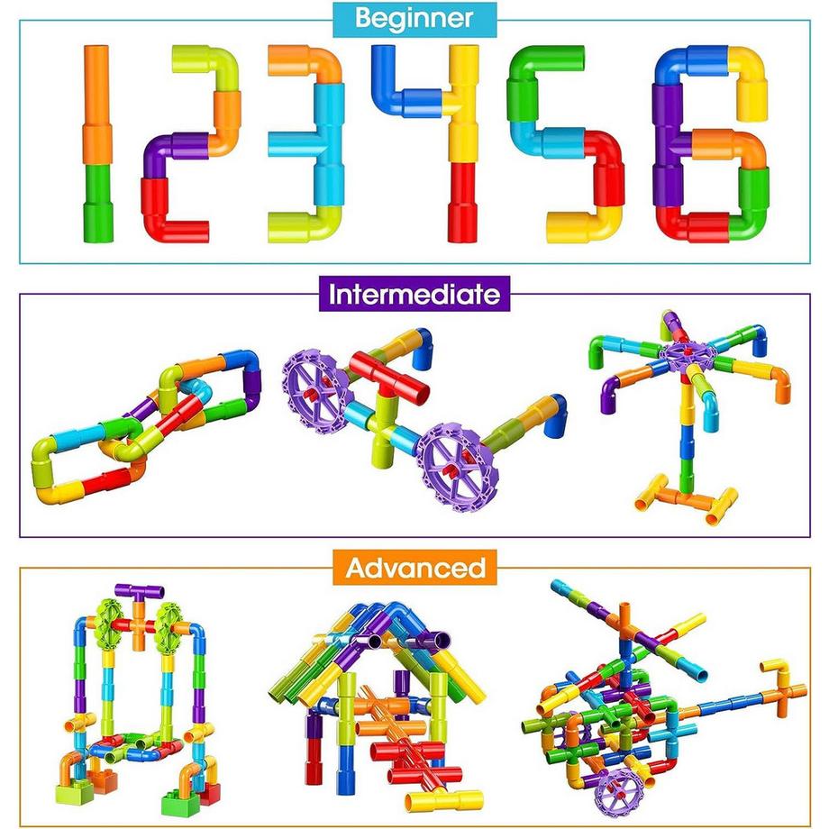 Activity-board  Jouets en tube, 188 pièces Blocs de construction classiques Blocs de construction à assembler avec roues et plaque de base pour enfants 
