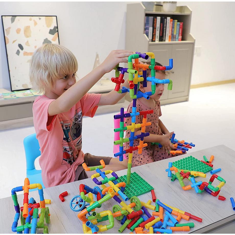 Activity-board  Jouets en tube, 188 pièces Blocs de construction classiques Blocs de construction à assembler avec roues et plaque de base pour enfants 