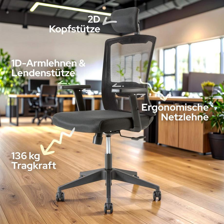 Arebos  Chaise de bureau, chaise de bureau avec appui-tête réglable 