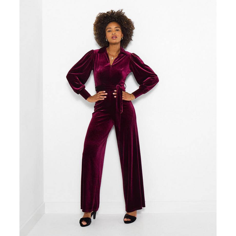 Velours-Jumpsuit mit weitem Bein und Reißverschluss