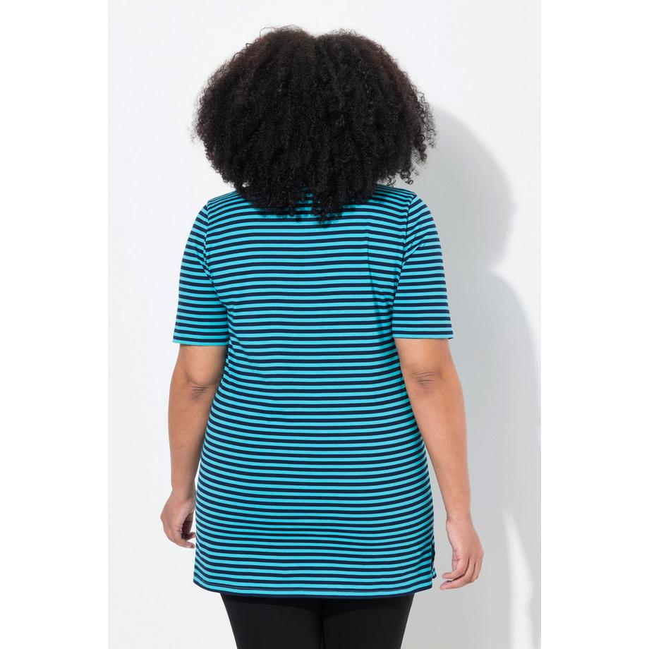 Ulla Popken T-shirt long rayé Ligne A Col V Manches Courtes  