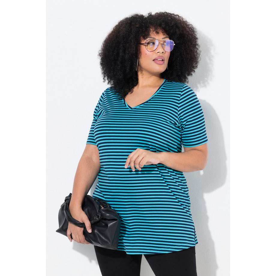 Ulla Popken T-shirt long rayé Ligne A Col V Manches Courtes  