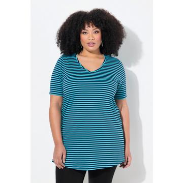T-shirt long à rayures. Ligne A, col V et manches courtes