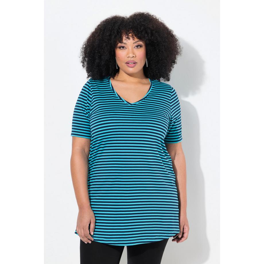 Ulla Popken T-shirt long rayé Ligne A Col V Manches Courtes  