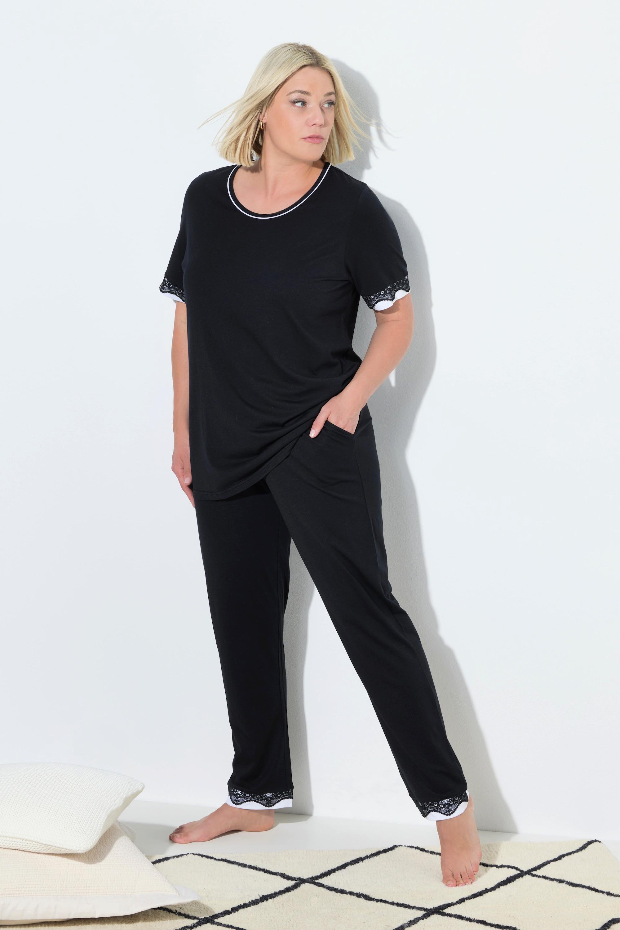 Ulla Popken Pigiama Bordi Pizzo Girocollo Mezza Manica  