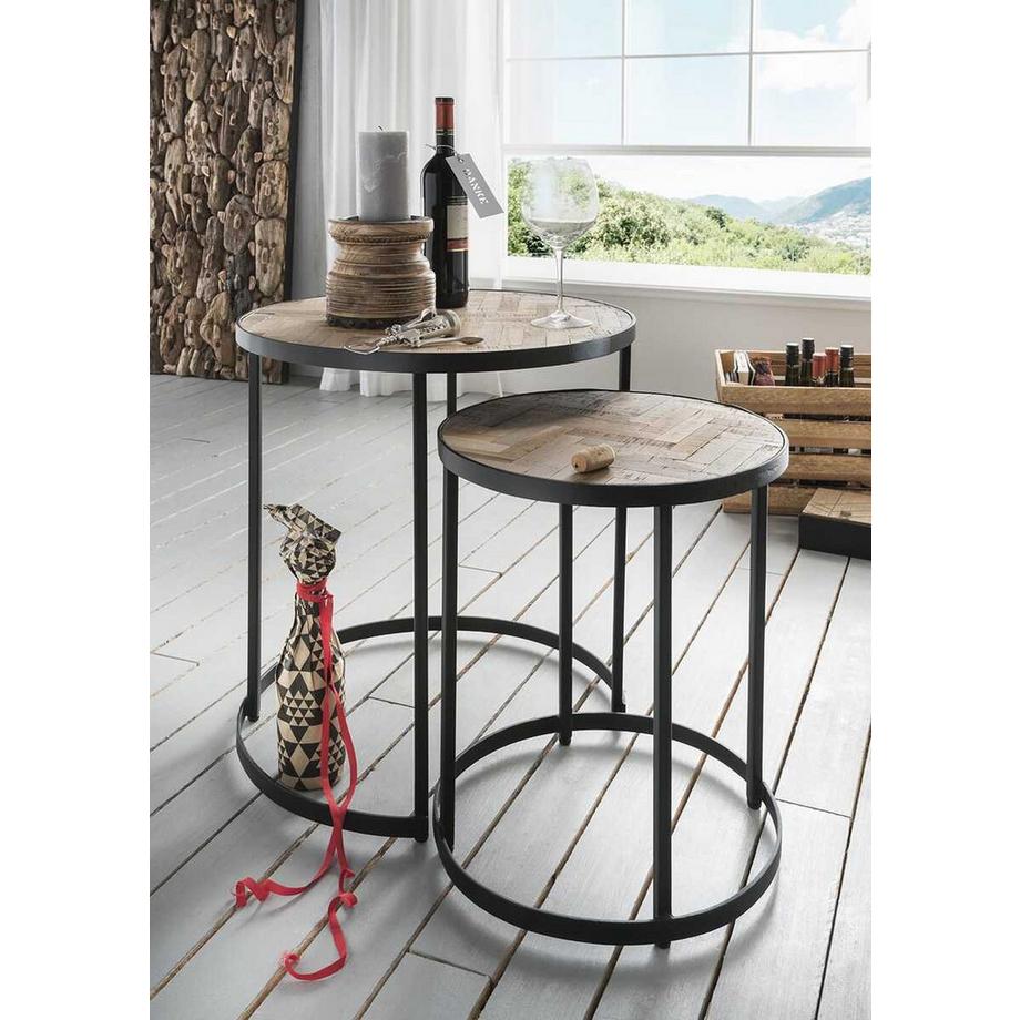 Couchtisch Happy II Teak Grau Metall Schwarz 54x60 (2er-Set)