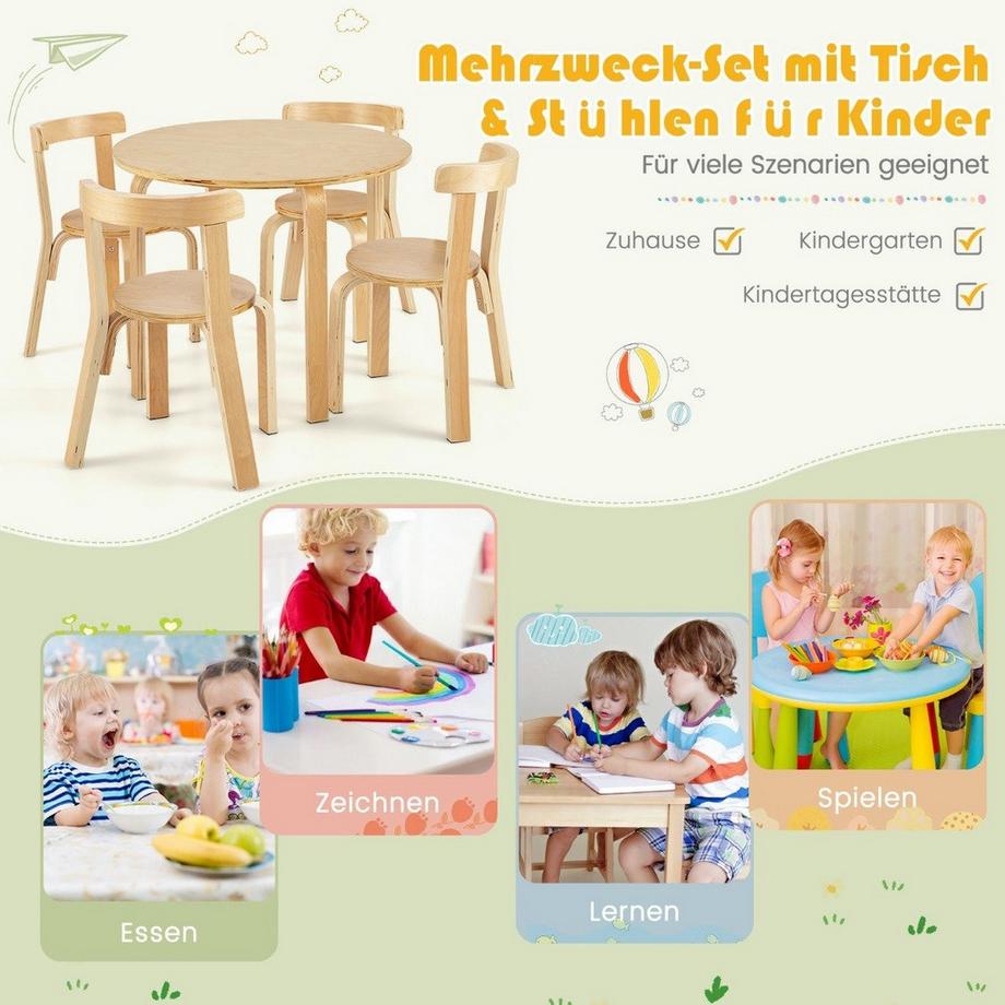 Northix  Kindertisch Holztisch mit 4 Stühlen für Kinder Kindertisch- und Stuhl-Set mit Rückenlehne Natur 