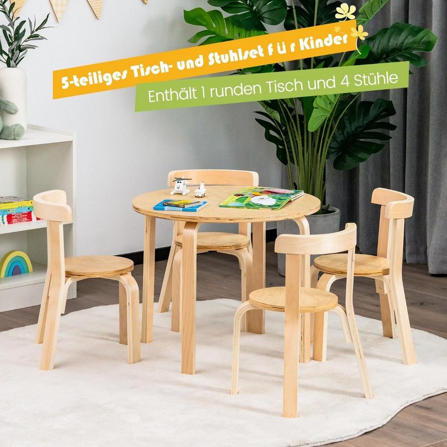 Northix  Kindertisch Holztisch mit 4 Stühlen für Kinder Kindertisch- und Stuhl-Set mit Rückenlehne Natur 