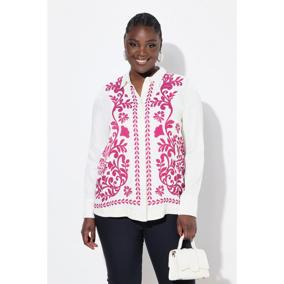 Ulla Popken Blouse en satin motif floral col chemise manches longues  