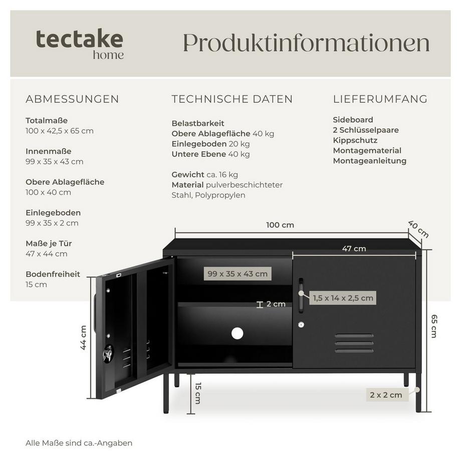 Tectake Sideboard Baker 2 Türen mit Magnetverschluss, einzeln abschließbar verstellbarer Zwischenboden  