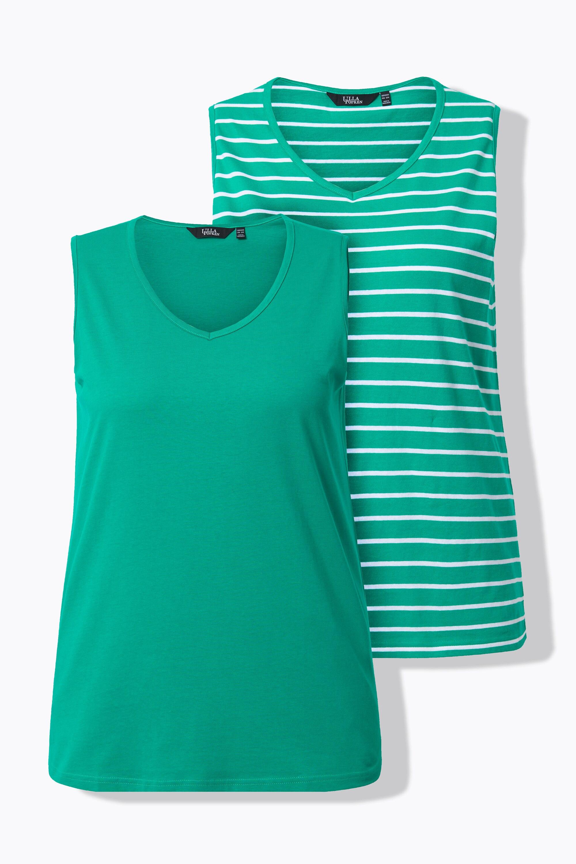 Ulla Popken Top Scollo a V Senza Maniche Confezione da 2 Rigato e Tinta Unita  