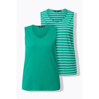Ulla Popken Top Scollo a V Senza Maniche Confezione da 2 Rigato e Tinta Unita  