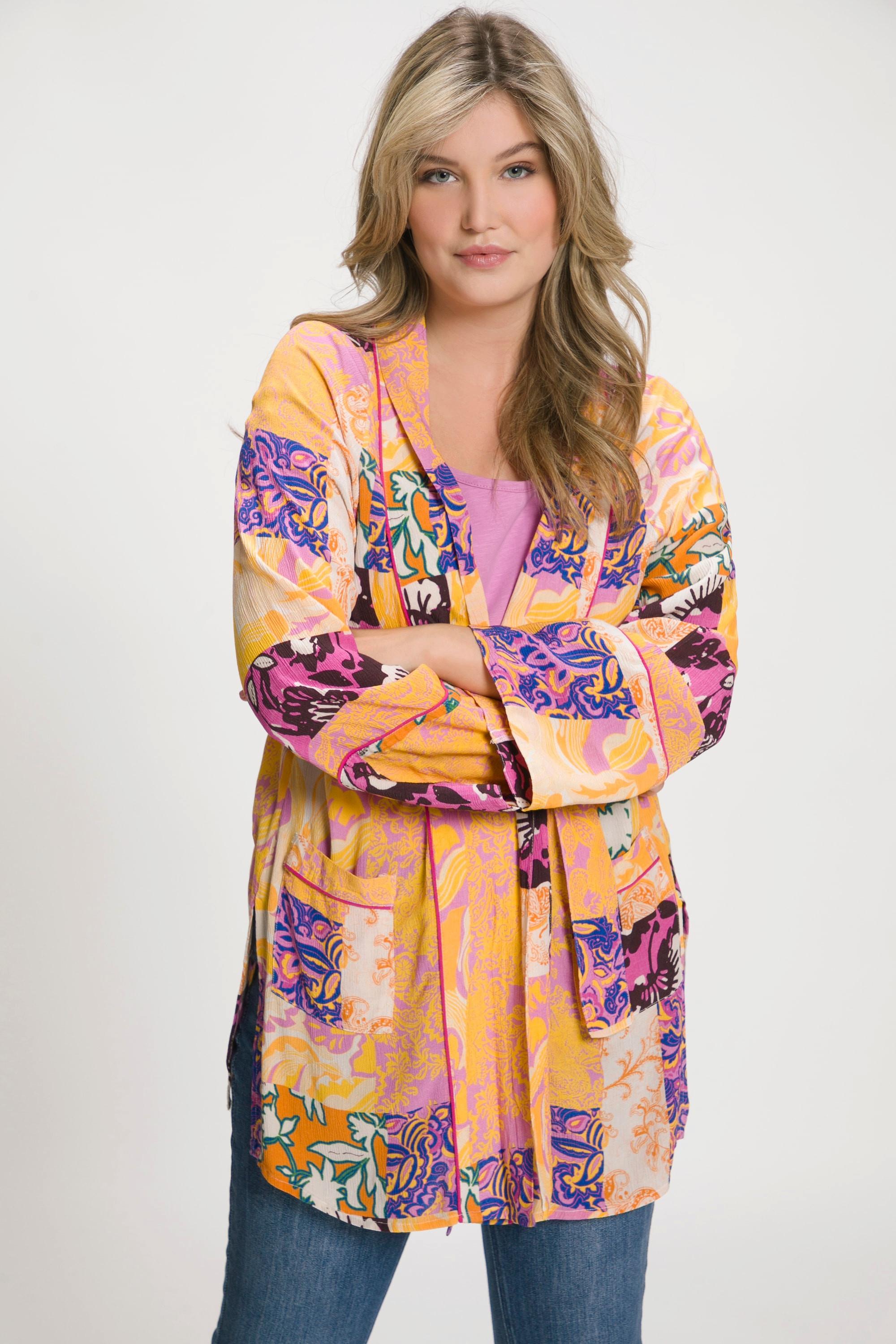 Ulla Popken  Kimono, Patchdruck, A-Linie, Schalkragen, Langarm 