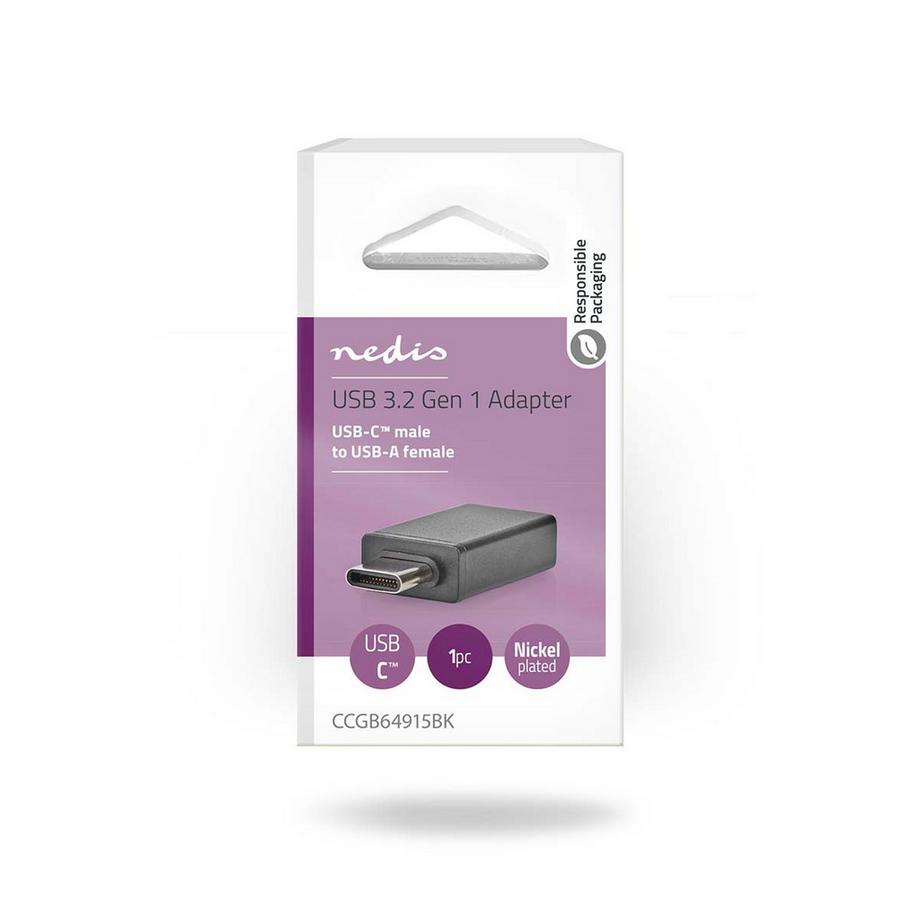 Nedis  Adaptateur USB-C™ | USB 3.2 Gen 1 | USB-C™ mâle | USB-A femelle | 5 Gbps | OTG | Rond | Nickelé | Noir | Boîte 