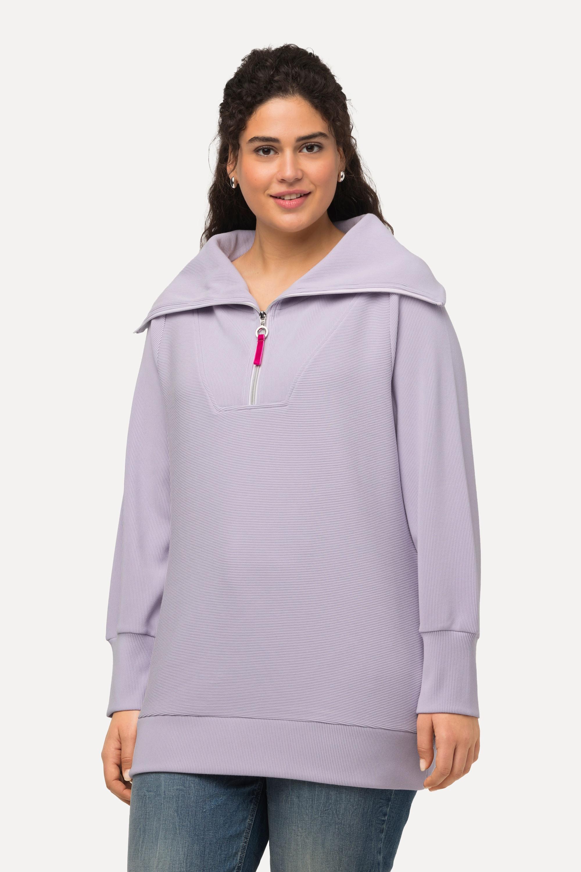 Ulla Popken  Pullover polo con costine trasversali, collo alto, zip e maniche lunghe 