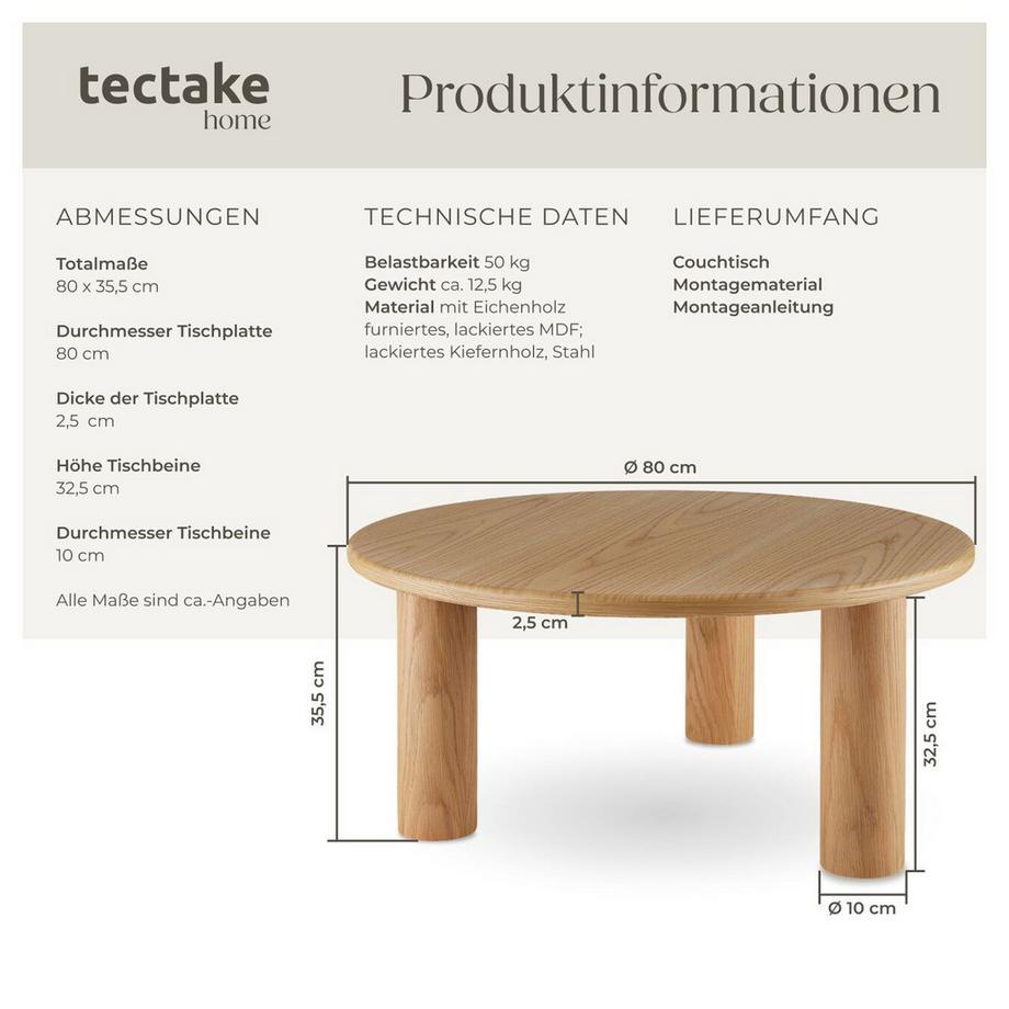 Tectake Couchtisch Sisi rund solide Beine aus Massivholz  