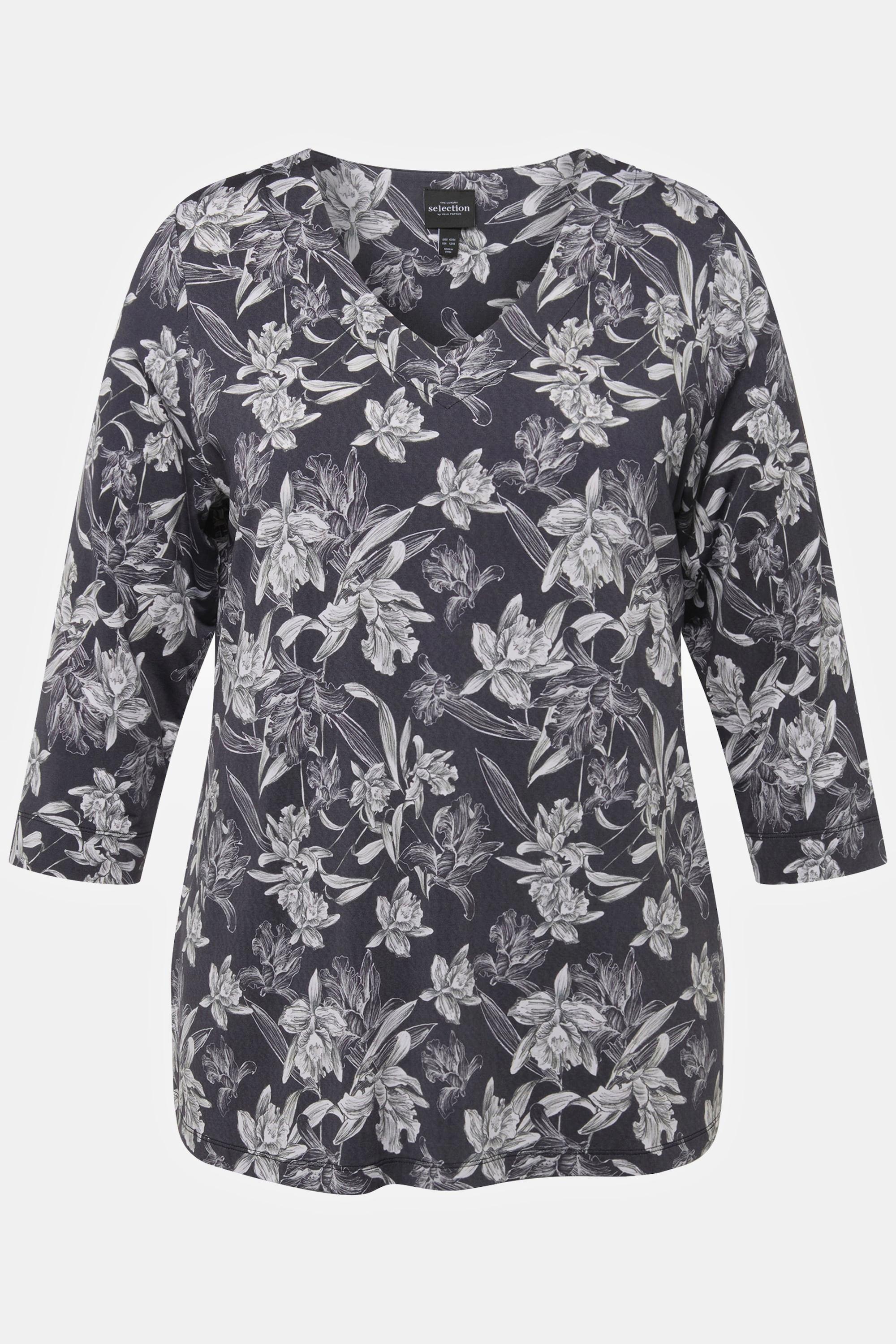 Ulla Popken  Slinkyshirt, Blüten, V-Ausschnitt, 3/4-Arm 