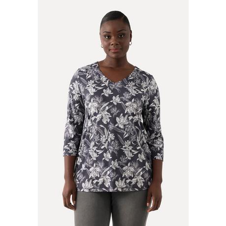 Ulla Popken  Slinkyshirt, Blüten, V-Ausschnitt, 3/4-Arm 