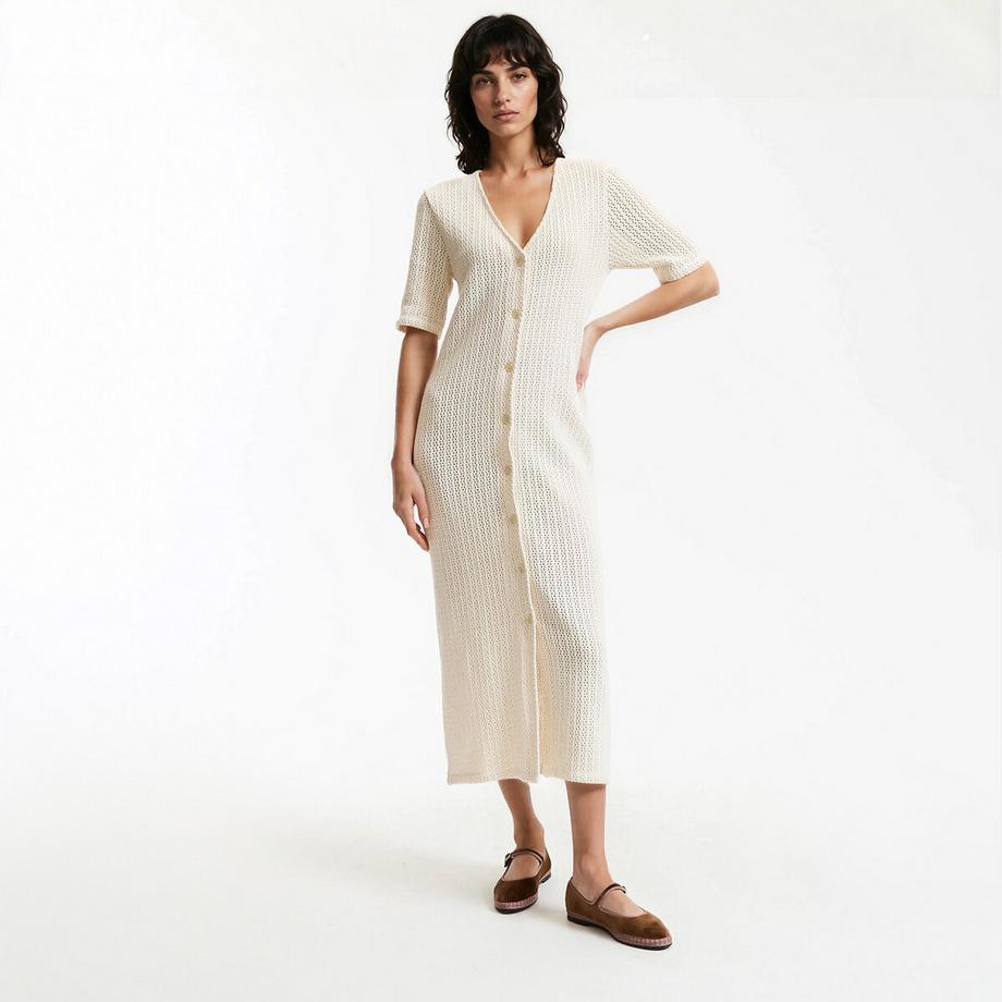 Robe longue manches courtes en maille pointelle