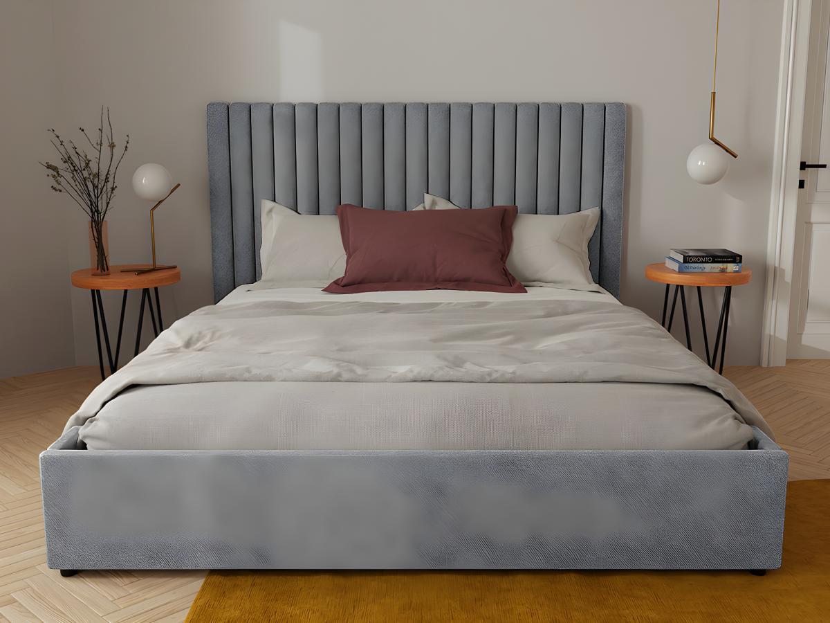 Vente-unique Letto contenitore 140 x 190 cm con testiera cuciture verticali - Tessuto - Grigio + Materasso - SARAH  