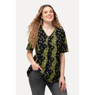 Ulla Popken  T-shirt a fiori con pieghe decorative, scollatura a V e mezze maniche 