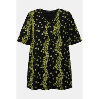 Ulla Popken  T-shirt a fiori con pieghe decorative, scollatura a V e mezze maniche 