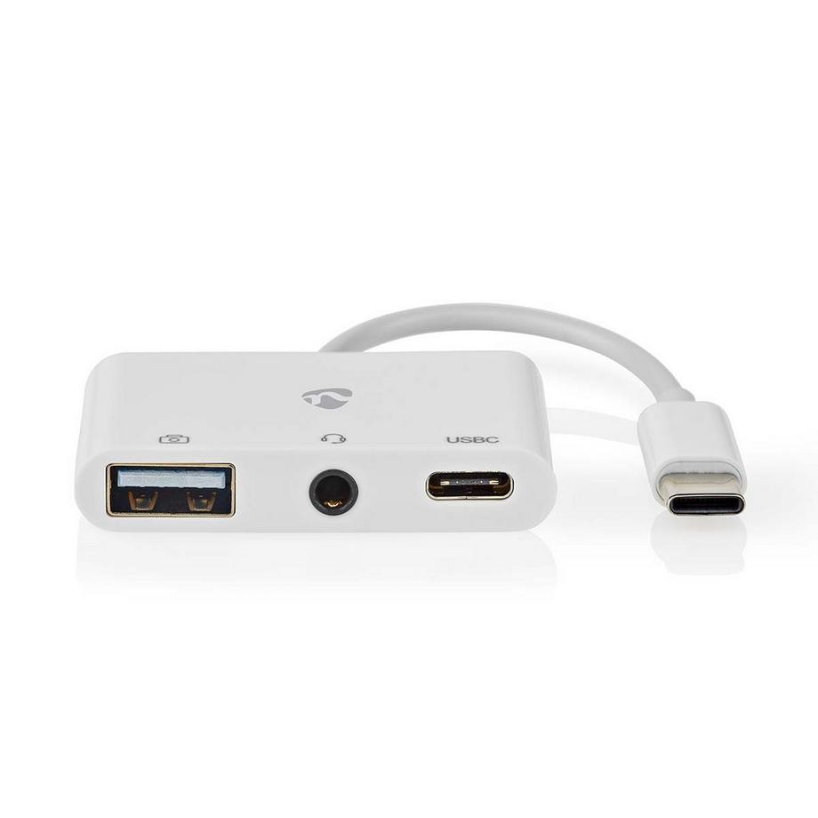 Nedis  Adattatore USB multiporta | USB 2.0 | USB-C™ maschio | USB-A femmina / USB-C™ femmina / 3,5 mm femmina | 480 Mbps | 0,10 m | Rotondo | Nichelato | PVC | Bianco | Scatola 