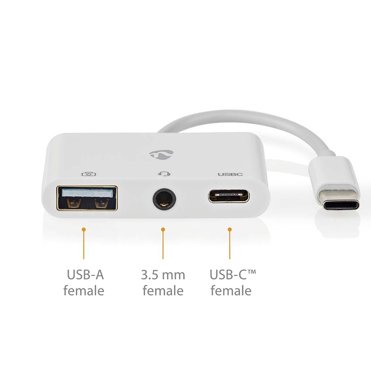 Nedis  USB-Multi-Port-Adapter | USB 2.0 | USB-C™ Stecker | USB-A Buchse / USB-C™ Buchse / 3,5 mm Buchse | 480 Mbps | 0,10 m | Rund | Vernickelt | PVC | Weiß | Box 