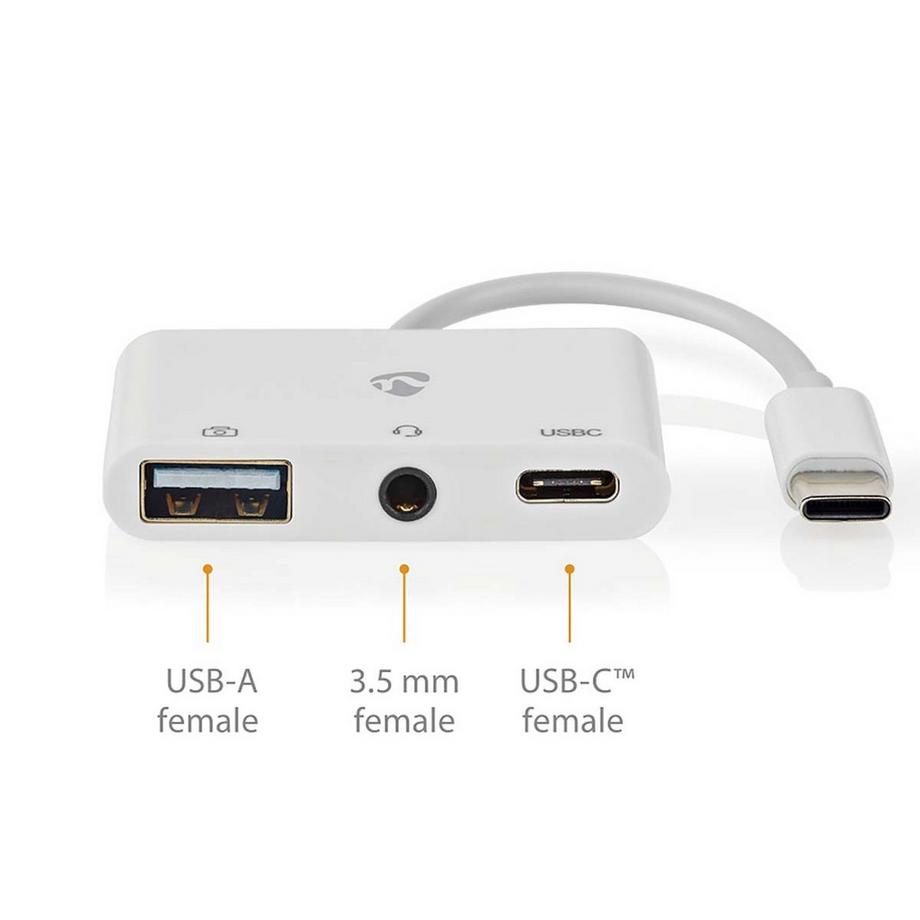 Nedis  Adattatore USB multiporta | USB 2.0 | USB-C™ maschio | USB-A femmina / USB-C™ femmina / 3,5 mm femmina | 480 Mbps | 0,10 m | Rotondo | Nichelato | PVC | Bianco | Scatola 