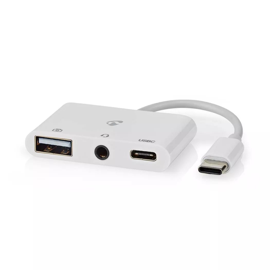 Nedis USB Multi-Port Adapter | 3-in-1 | USB 2.0 | USB-C™ Male | USB-A Female / USB-C™ Female / 3.5 mm Female | 480 Mbps | 0.10 m | Round | Nickel Plate