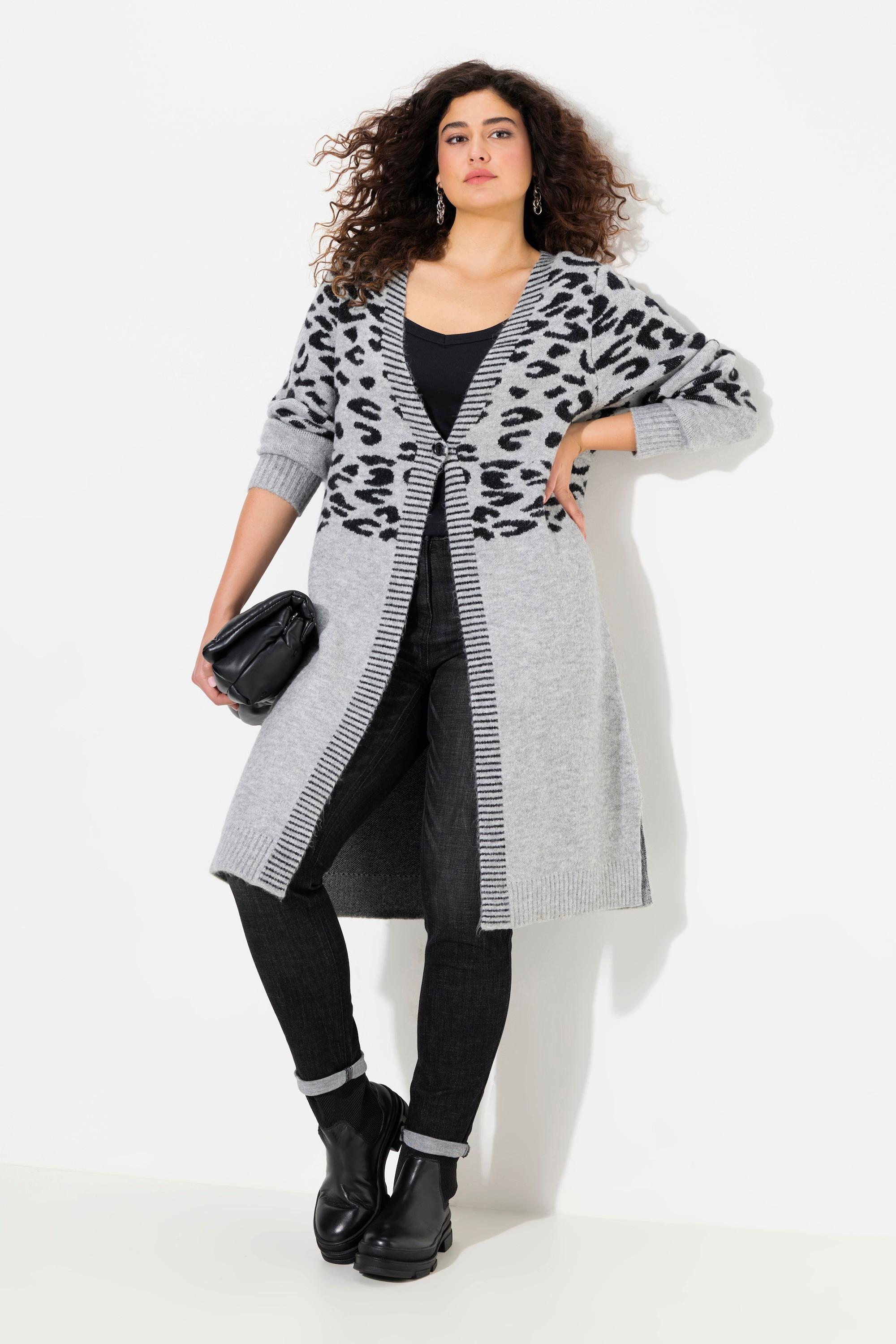 Ulla Popken  Cardigan lungo con design leopardato, scollo a V e maniche lunghe 