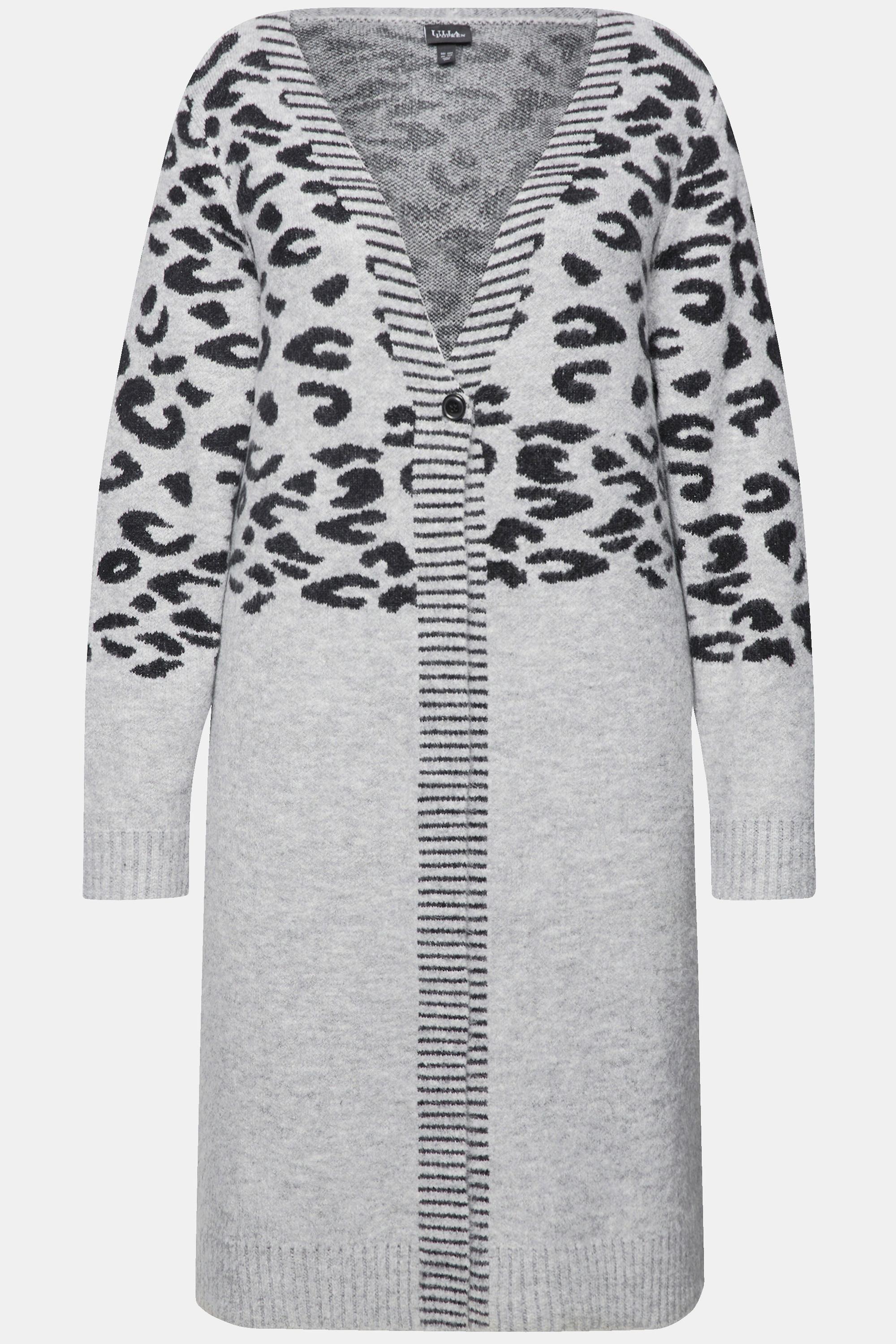 Ulla Popken  Cardigan lungo con design leopardato, scollo a V e maniche lunghe 