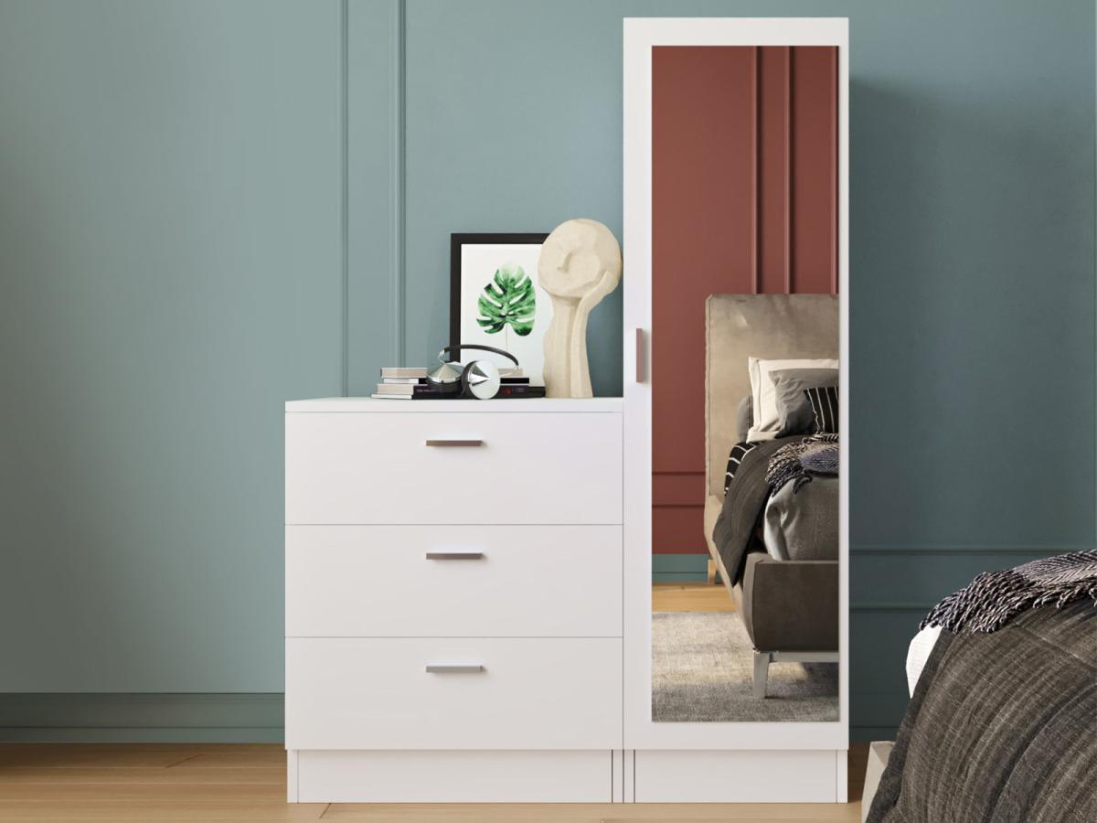 Vente-unique Commode 3 tiroirs avec armoire et miroir - Blanc - VITORIO  