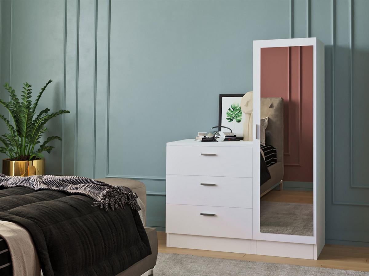 Vente-unique Commode 3 tiroirs avec armoire et miroir - Blanc - VITORIO  