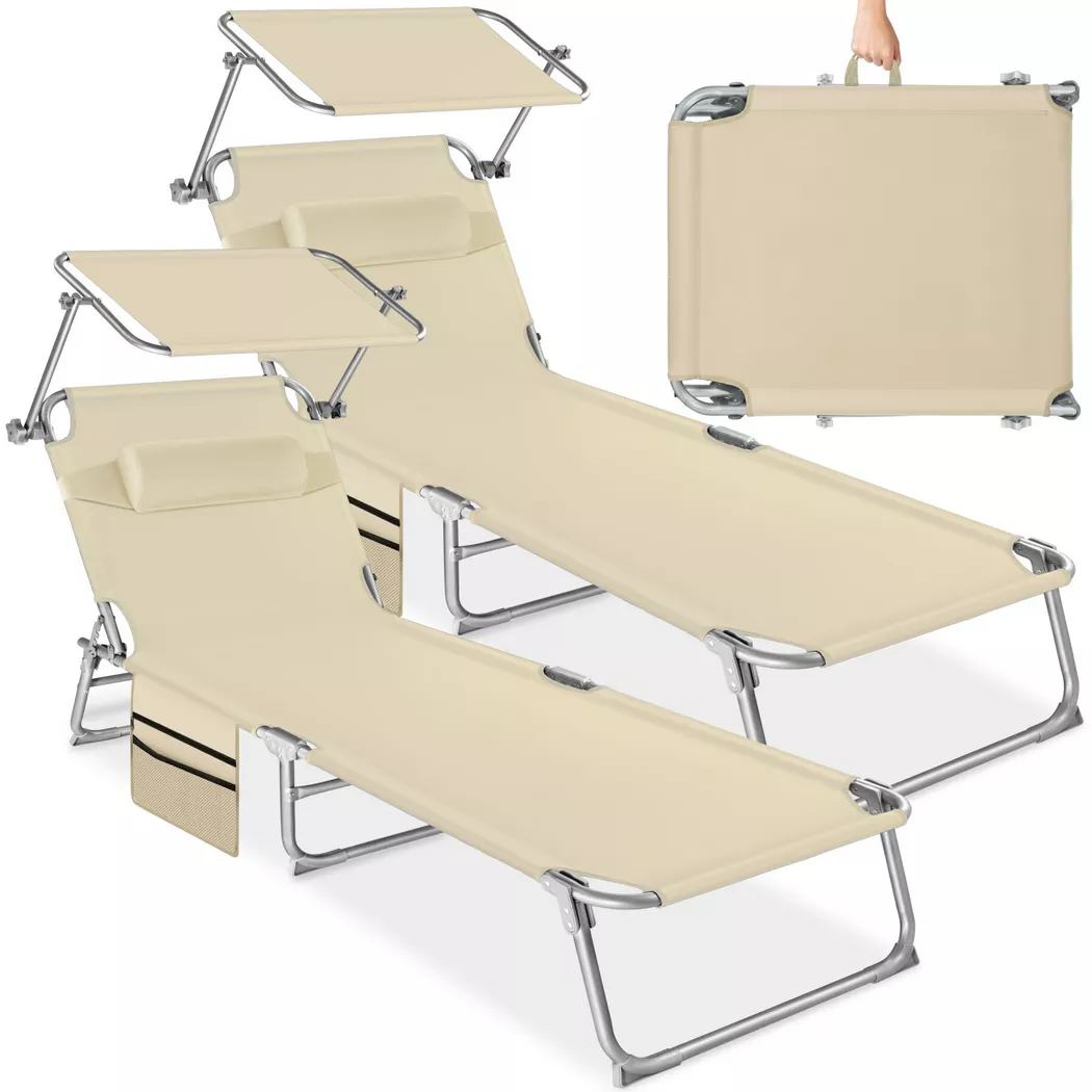 Tectake - 2er Set Sonnenliege Chloé klappbar  stufenlos verstellbares Sonnendach, 2 Stück, Beige