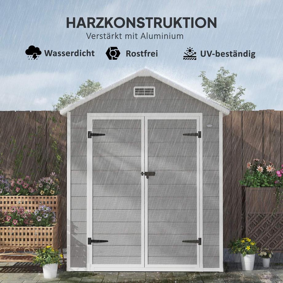 Northio  Gerätehaus 2,4m², Wasserdicht Gartenhaus mit Boden Pultdach, 182x151x219/181 cm, Geräteschuppen mit Abschließbar Tür, Fenster Fahrradgarage, Gartenschrank aus Alu, für Hinterhof, Garten, Grau | 