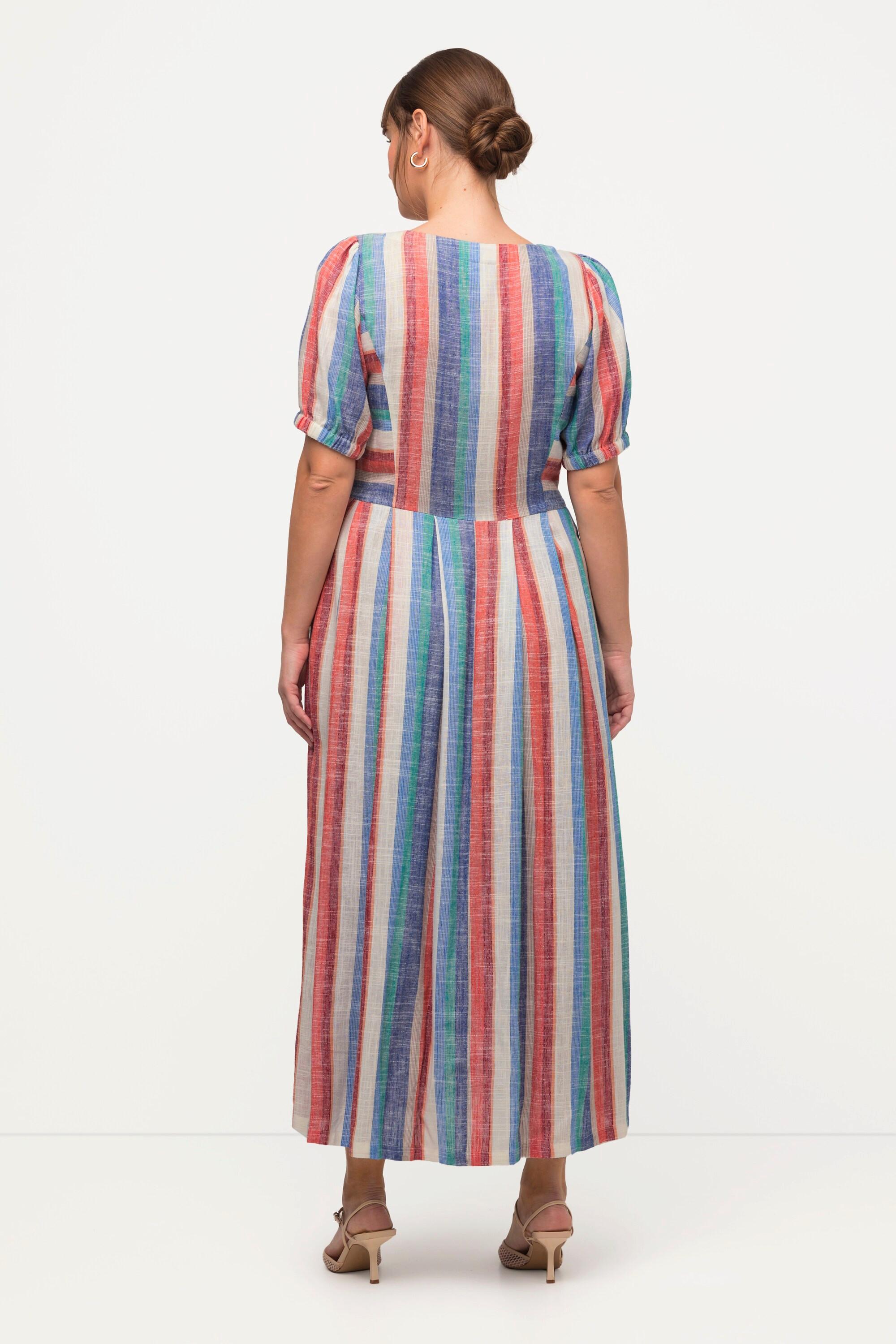 Ulla Popken Robe Midi Lin Mélangé Poches Col Rond Manches Bouffantes  