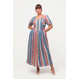 Ulla Popken  Robe midi, lin mélangé, poches, col rond, manches bouffantes 