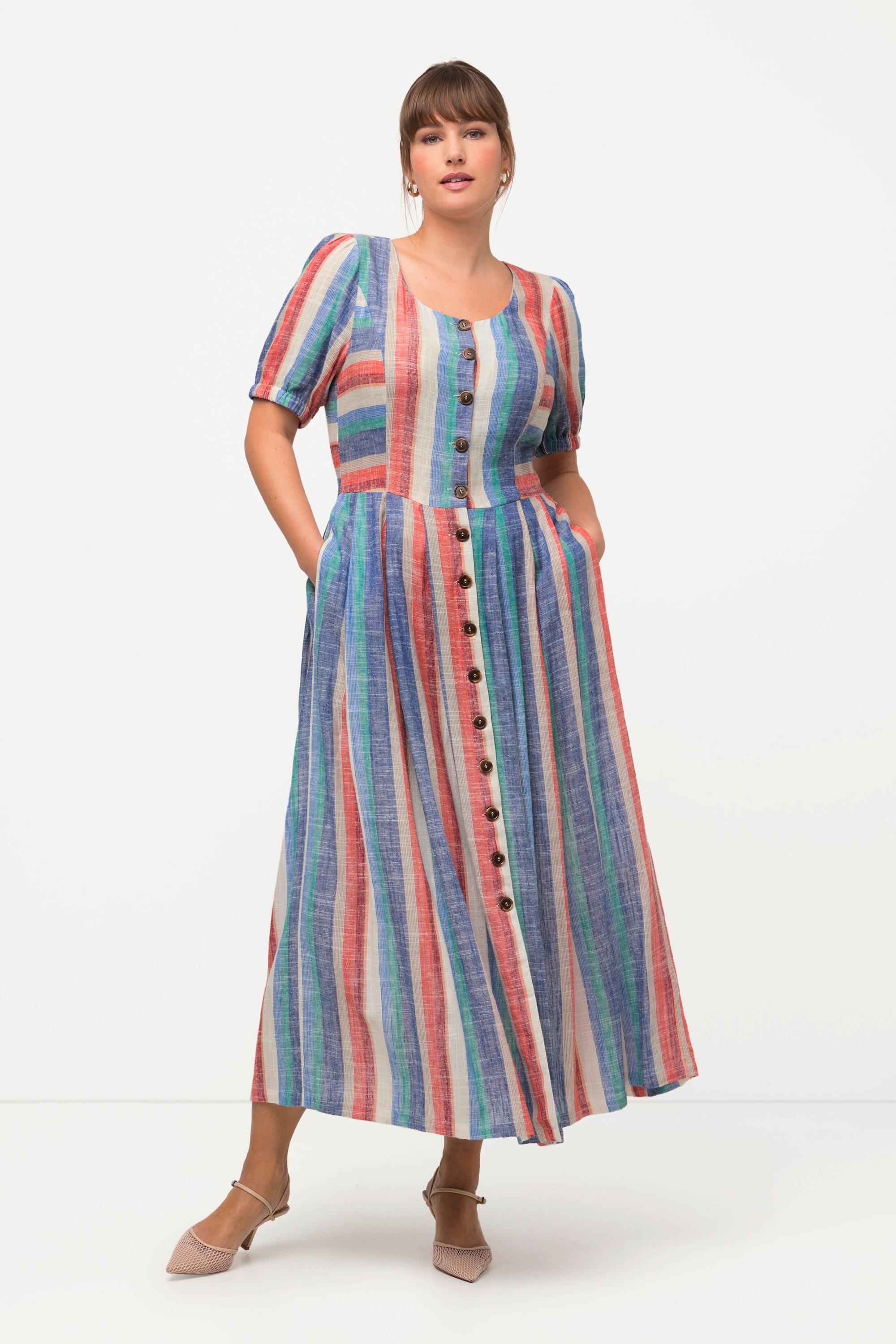 Ulla Popken Robe Midi Lin Mélangé Poches Col Rond Manches Bouffantes  