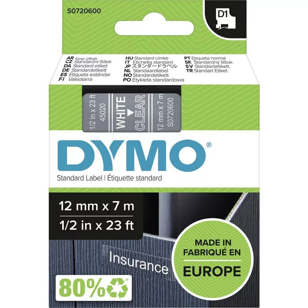 Dymo 45020 D1 12mm x 7m White on Clear Tape 10093J