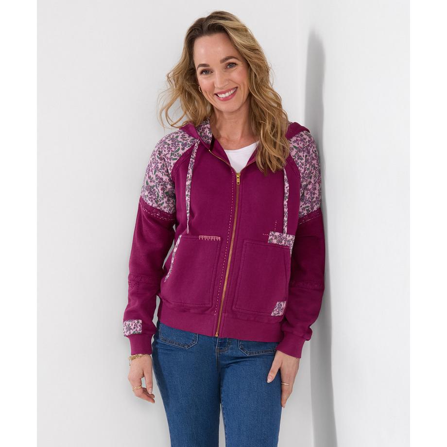Patchwork-Kapuzenjacke mit Reißverschluss und Stickereidetail