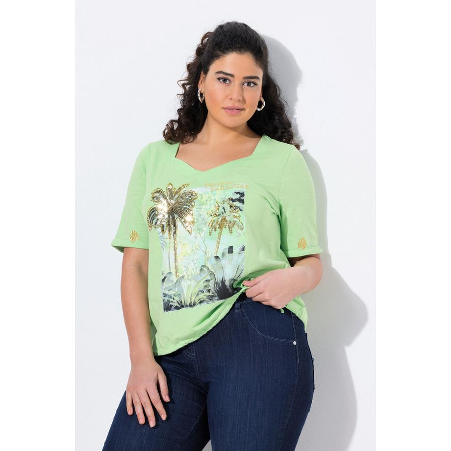 Ulla Popken T-Shirt Palmen Print Tunnelzug Herzausschnitt Halbarm  