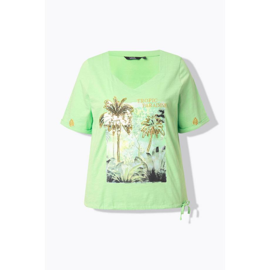 Ulla Popken T-Shirt Palmen Print Tunnelzug Herzausschnitt Halbarm  